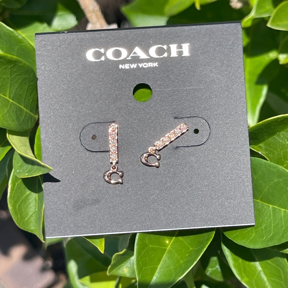COACH Signature C Pave Bar Stud Earrings in Rose Gold - Picture 7 of 16